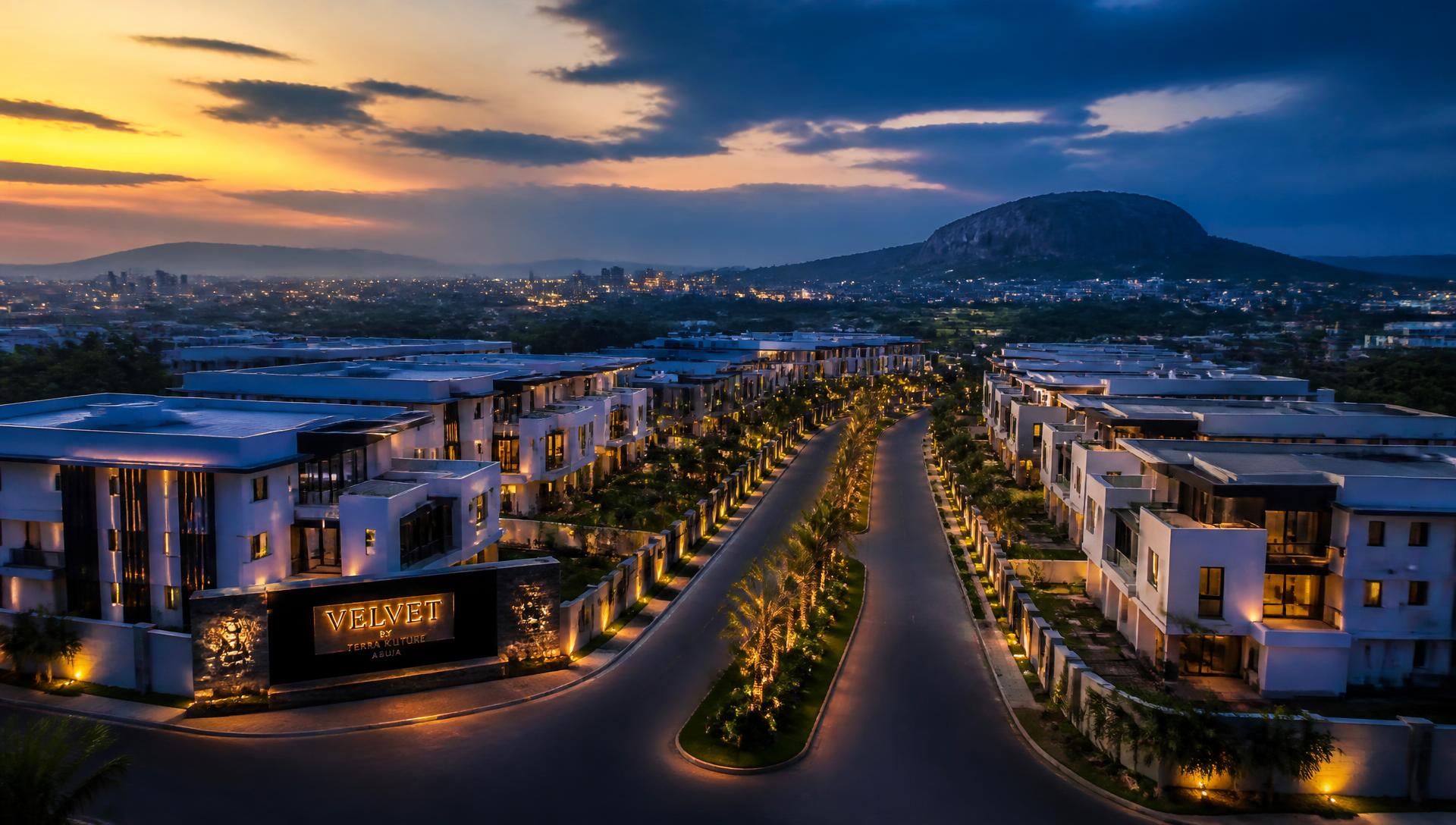 Aerial view of a luxury Urbanrise estate in Abuja at golden hour
